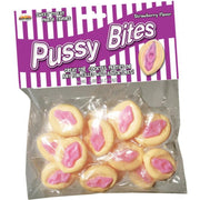 Bag of strawberry flavored candy bites shaped like vulvas.