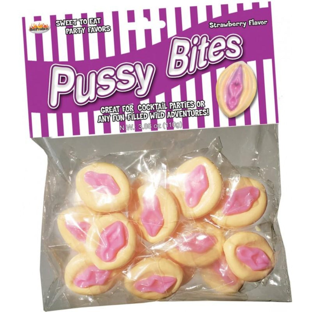Bag of strawberry flavored candy bites shaped like vulvas.