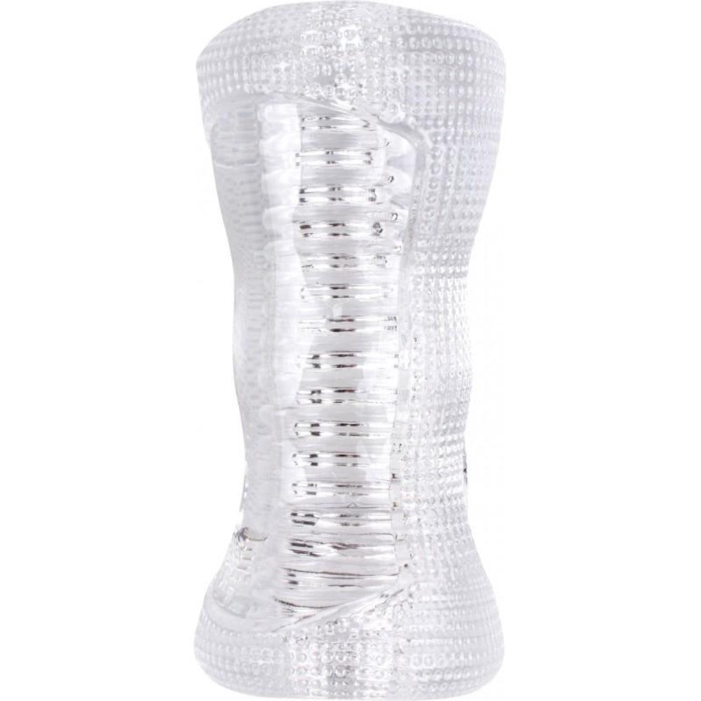 Clear TPE masturbator sleeve with textured interior.