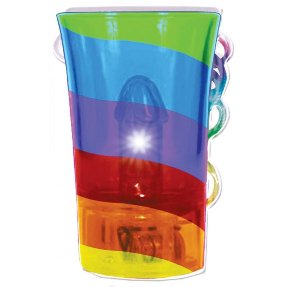 Rainbow LED light-up pecker shot glass with lanyard.