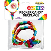 Rainbow pecker candy necklace with a ring pendant.