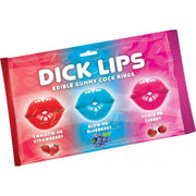 Edible gummy cock rings in strawberry, blueberry, and cherry flavors.