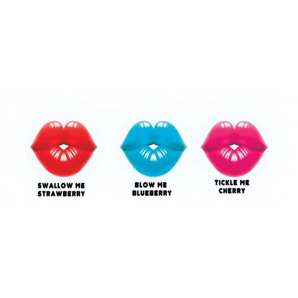 Three edible gummy cock rings in strawberry, blueberry, and cherry flavors.
