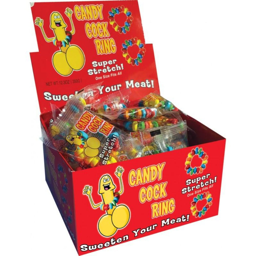 A red display box filled with individually wrapped candy cock rings.