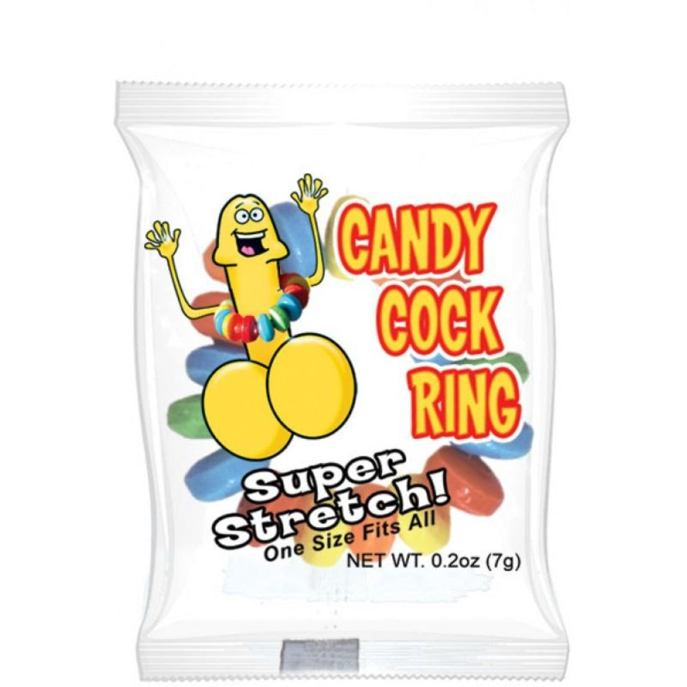 A bag of candy cock rings with a cartoon penis illustration.