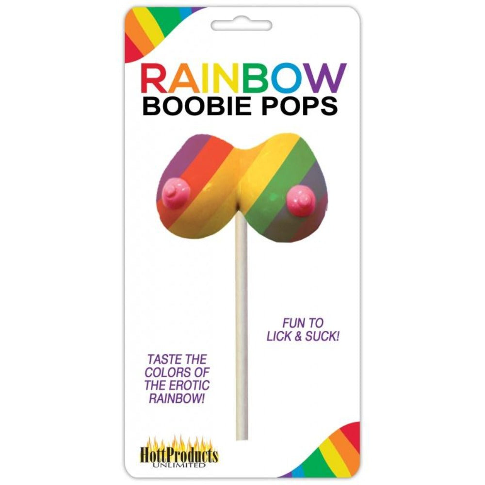 Rainbow boobie pops lollipops with a rainbow design and pink nipples.
