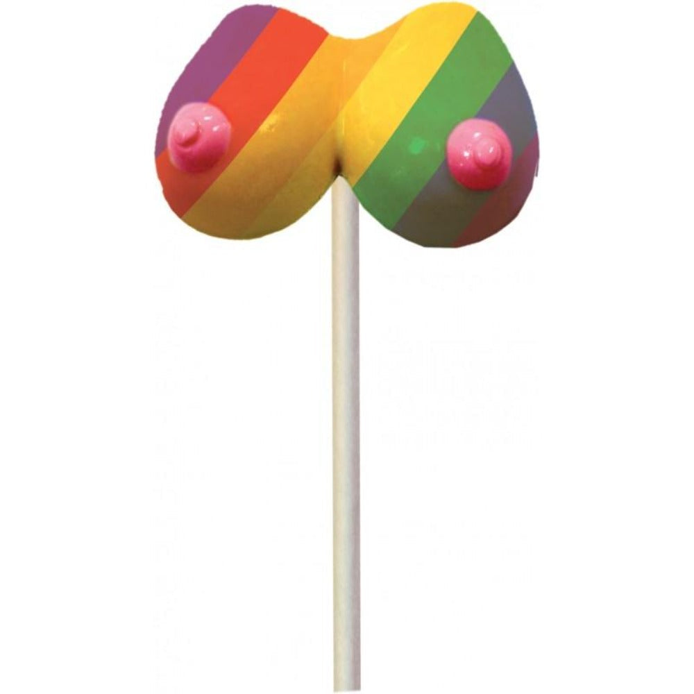 Rainbow boobie-shaped lollipop with pink nipples on a white stick.