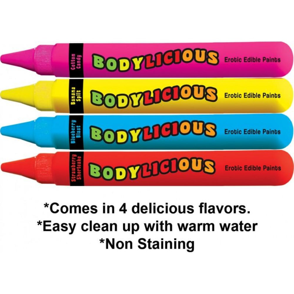 Four colorful edible body paint pens labeled with flavors.