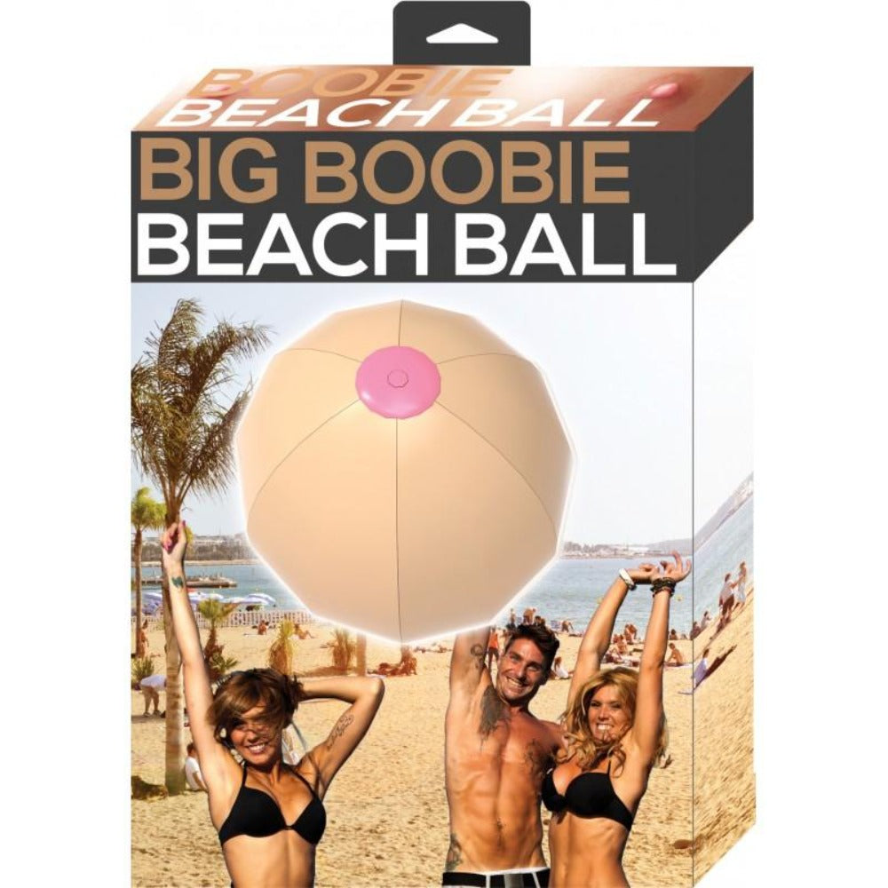 Inflatable beach ball shaped like a breast with a pink nipple.