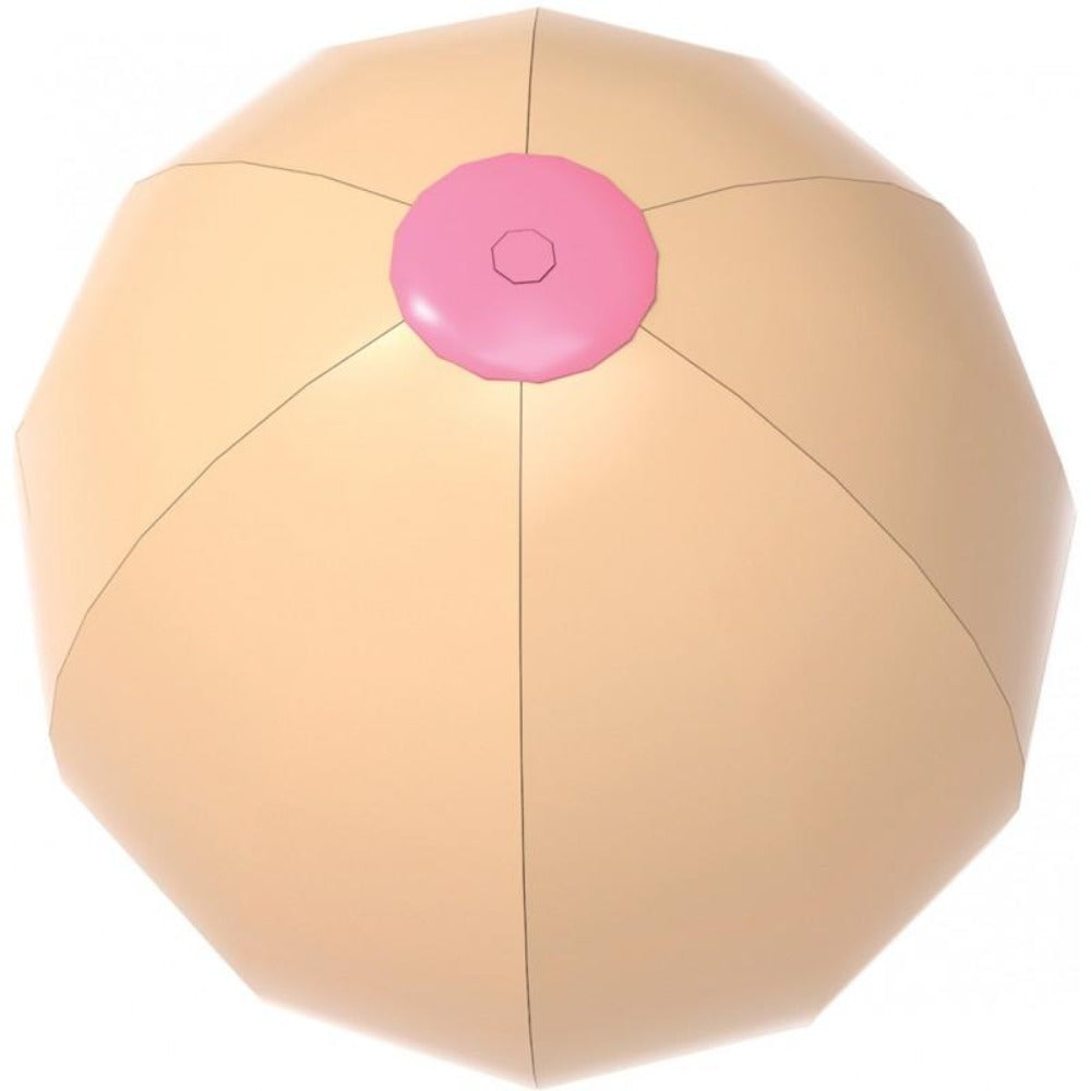 Inflatable beach ball shaped like a breast with a pink nipple.