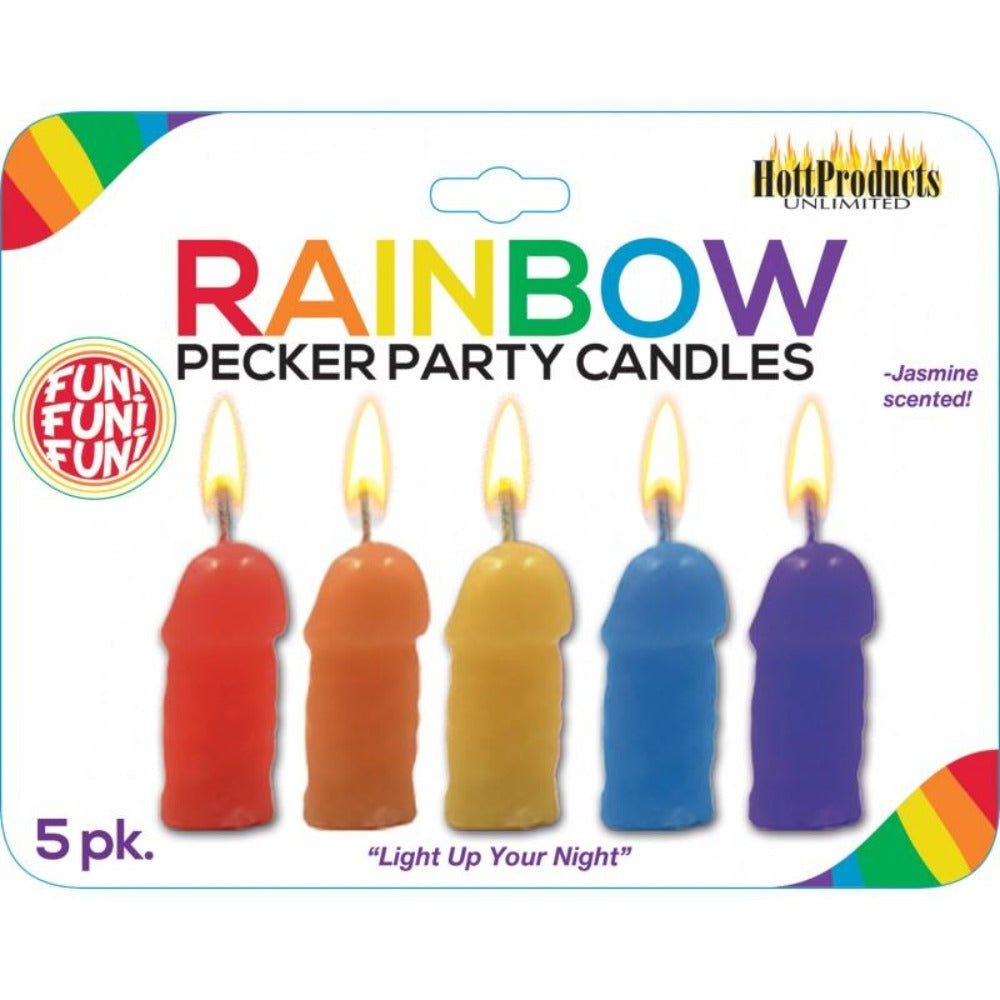 Rainbow pecker party candles in five colors, jasmine scented.