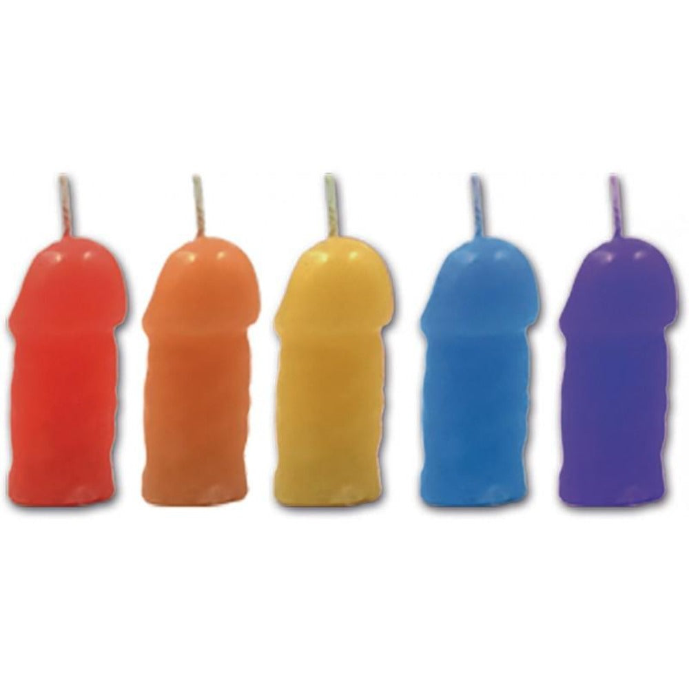 Five colorful penis-shaped candles in red, orange, yellow, blue, and purple.
