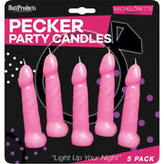 Pack of five pink penis-shaped candles on a black and pink bachelorette party card.