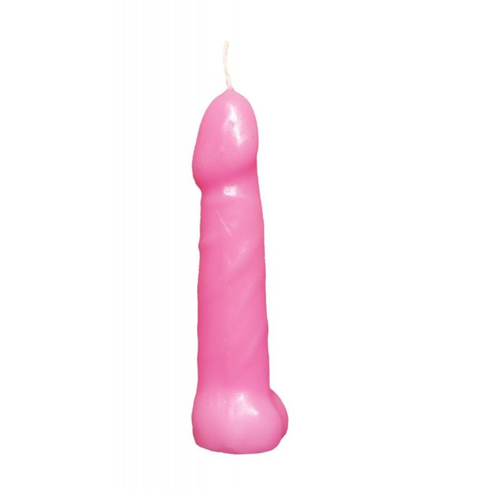 Pink pecker-shaped party candle in vibrant pink with wick.