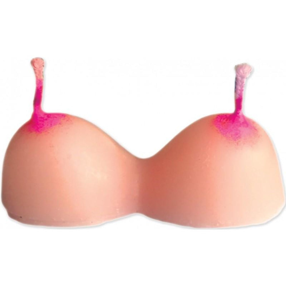 Pink novelty candles shaped like a bra with pink accents.