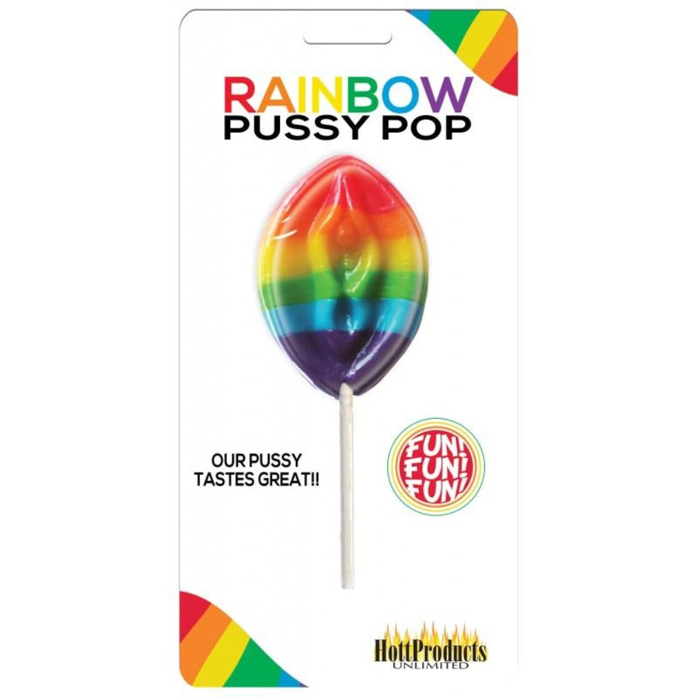 Rainbow pussy pop sucker with rainbow colors and "Our Pussy Tastes Great" text.