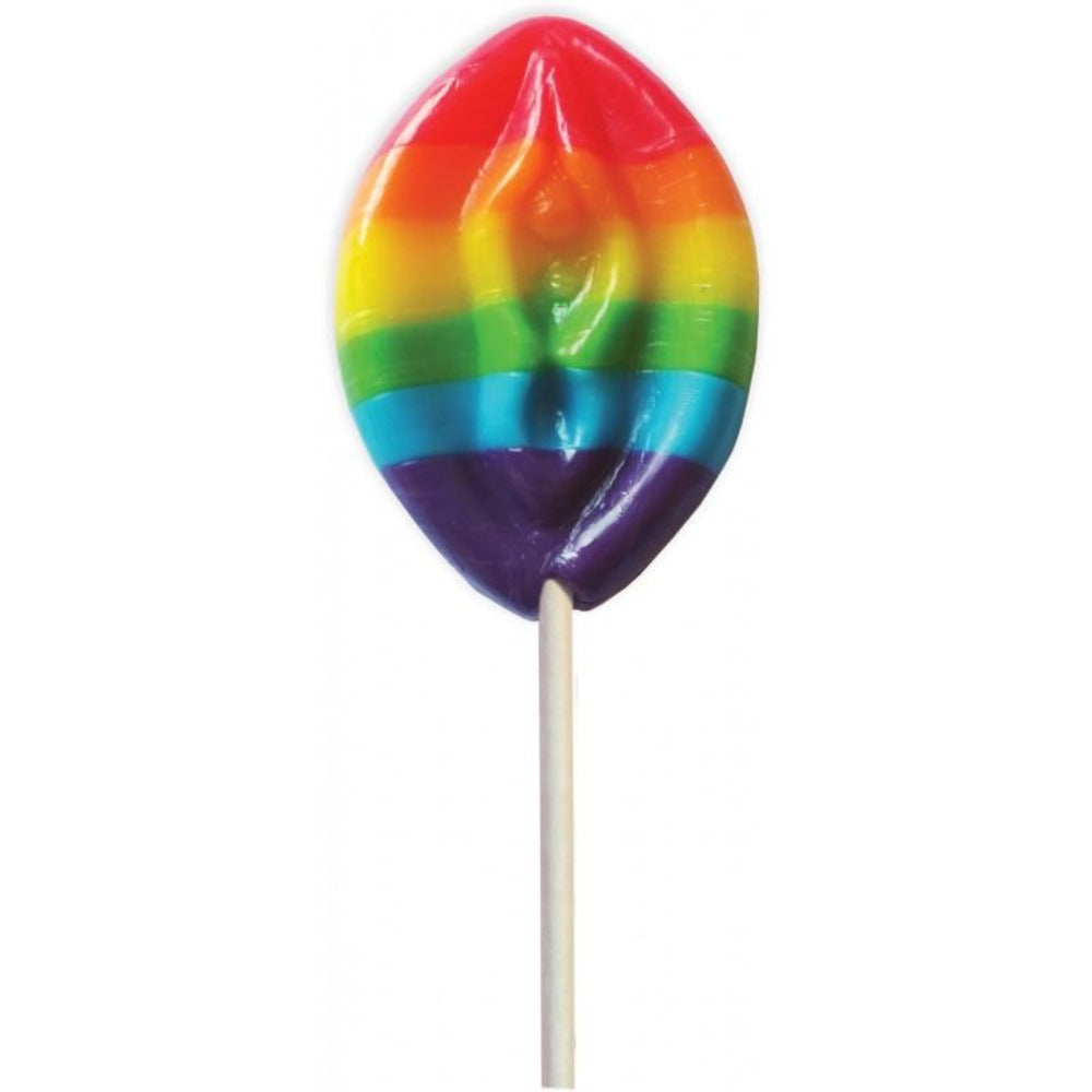 Rainbow shaped lollipop with a phallic design on a stick.