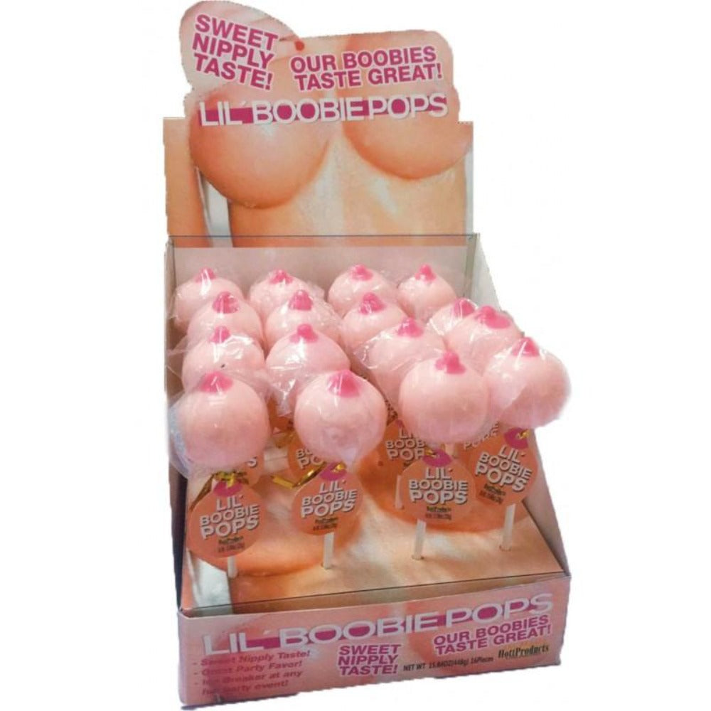 Display box of 9 strawberry boobie-shaped lollipops.