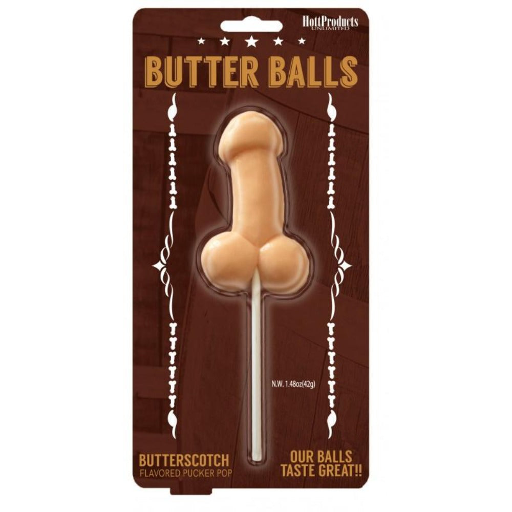 Butterscotch flavored pecker lollipop in packaging.