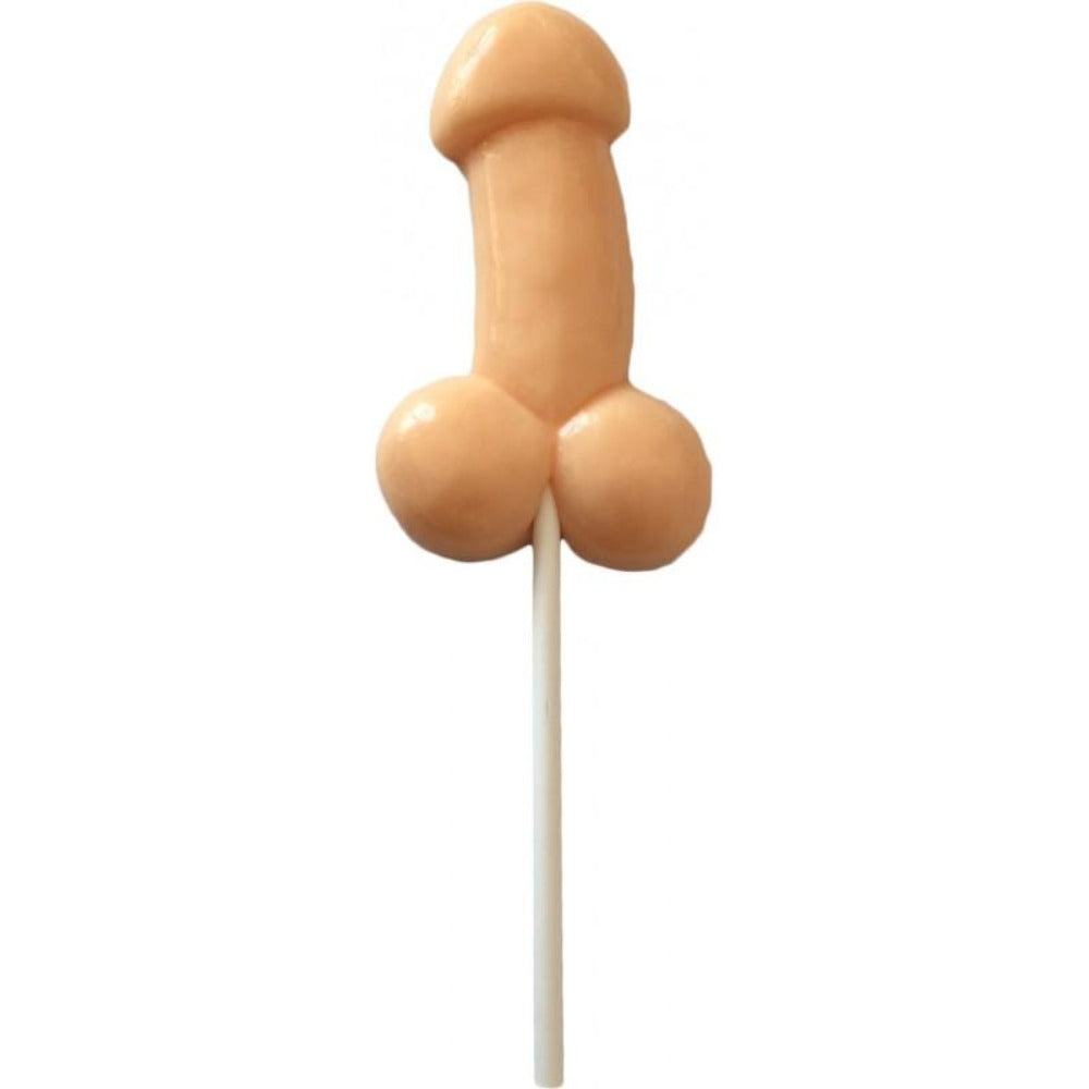 Butterscotch flavored pecker-shaped lollipop with balls design on a stick.