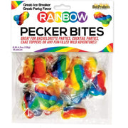 Rainbow colored penis-shaped candy bites in a package.