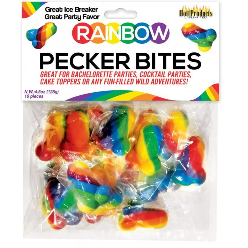 Rainbow colored penis-shaped candy bites in a package.