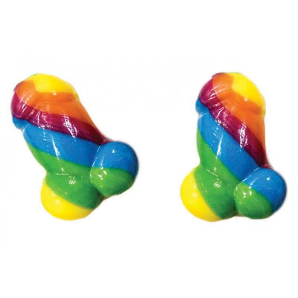 Two rainbow-colored candies shaped like phalluses.