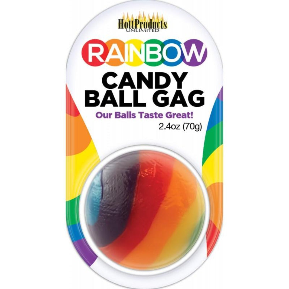 Rainbow candy ball gag with adjustable strap.