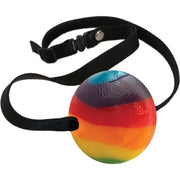 Rainbow candy ball gag with an adjustable black strap.