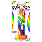 Rainbow pecker shaped lollipop with glaze and fruity flavor.