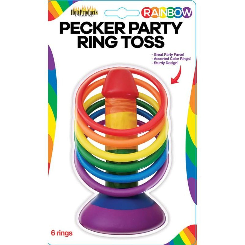 Rainbow Pecker Party Ring Toss game with a rainbow-colored target and six assorted rings.