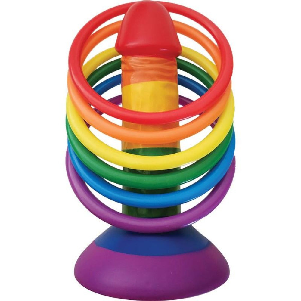 Rainbow ring toss game with a phallic-shaped target.