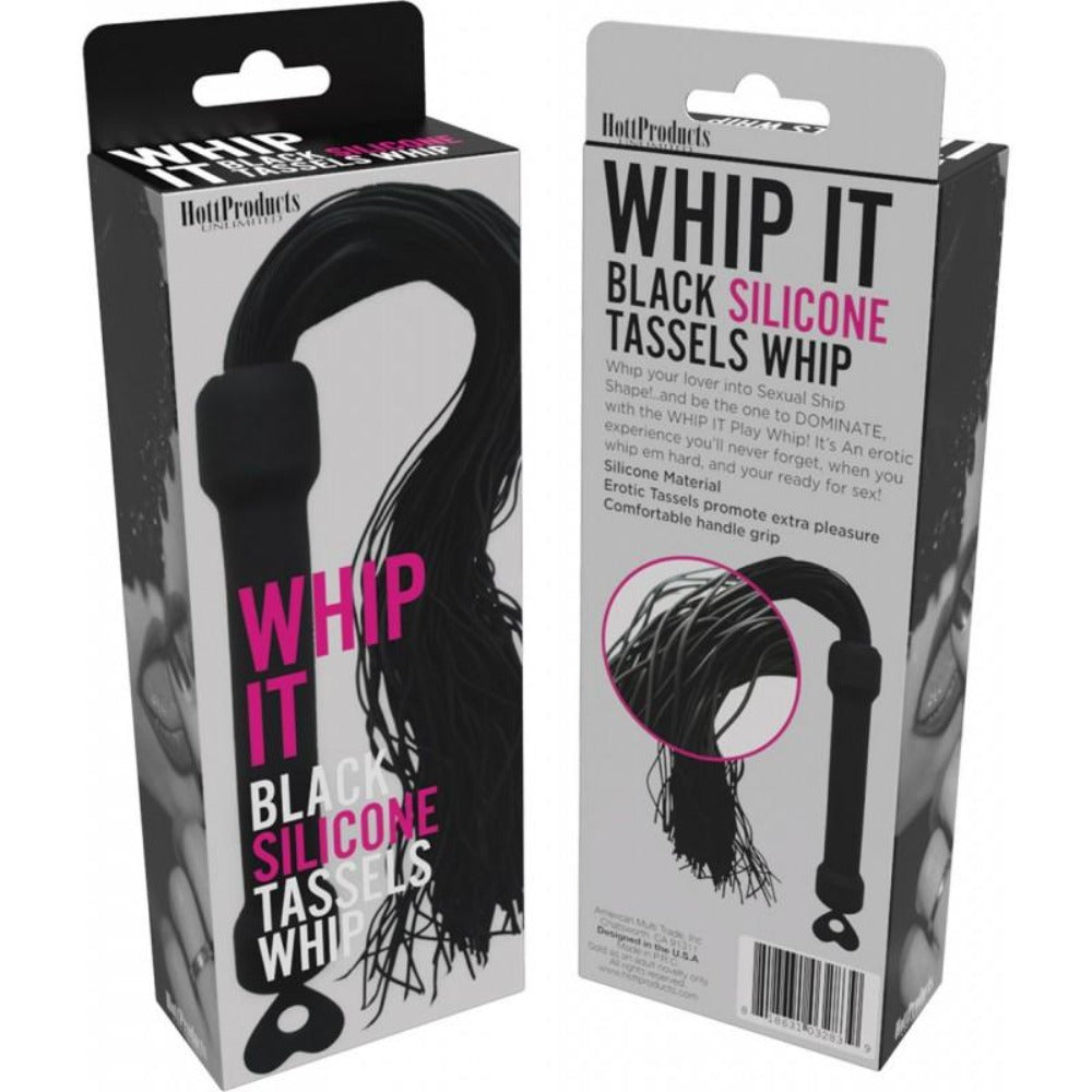 Black silicone tassel play whip with comfort grip.