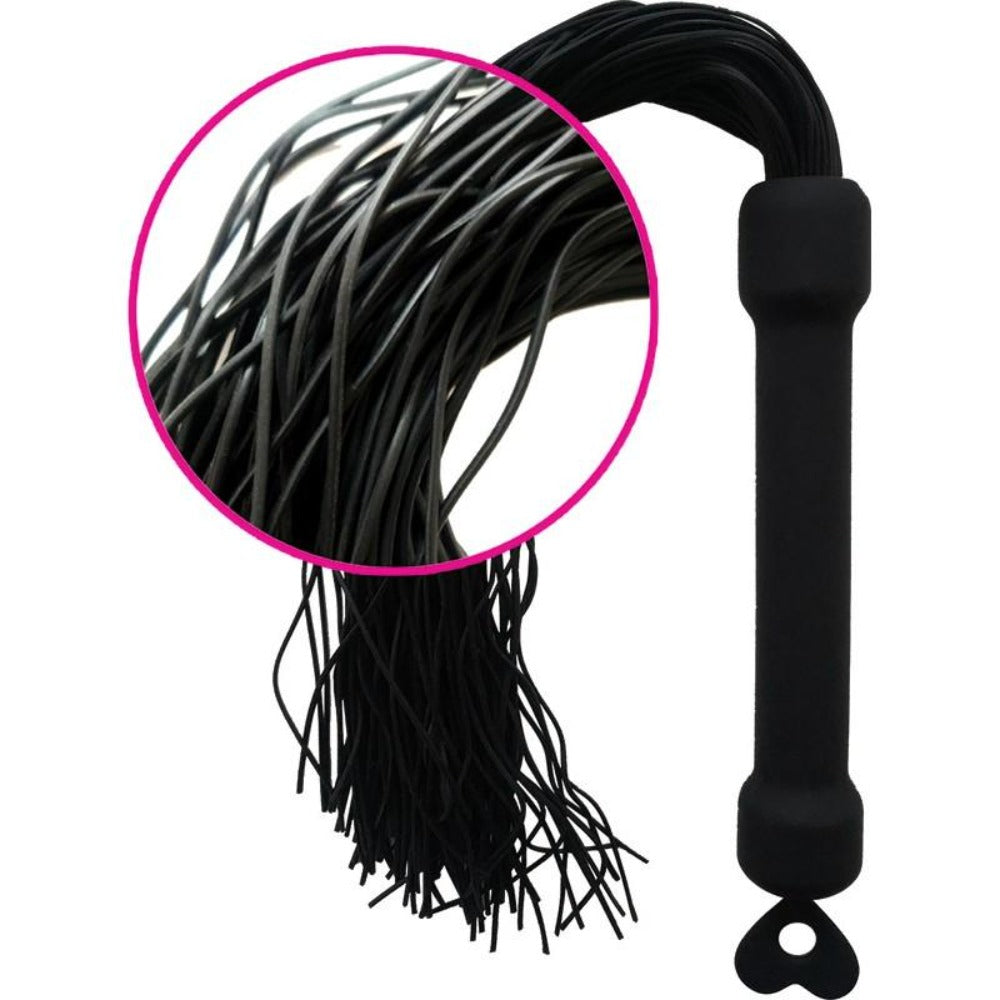 Black silicone tassel play whip with a comfort grip and heart-shaped end.