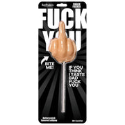 Butterscotch flavored lollipop shaped like a middle finger.