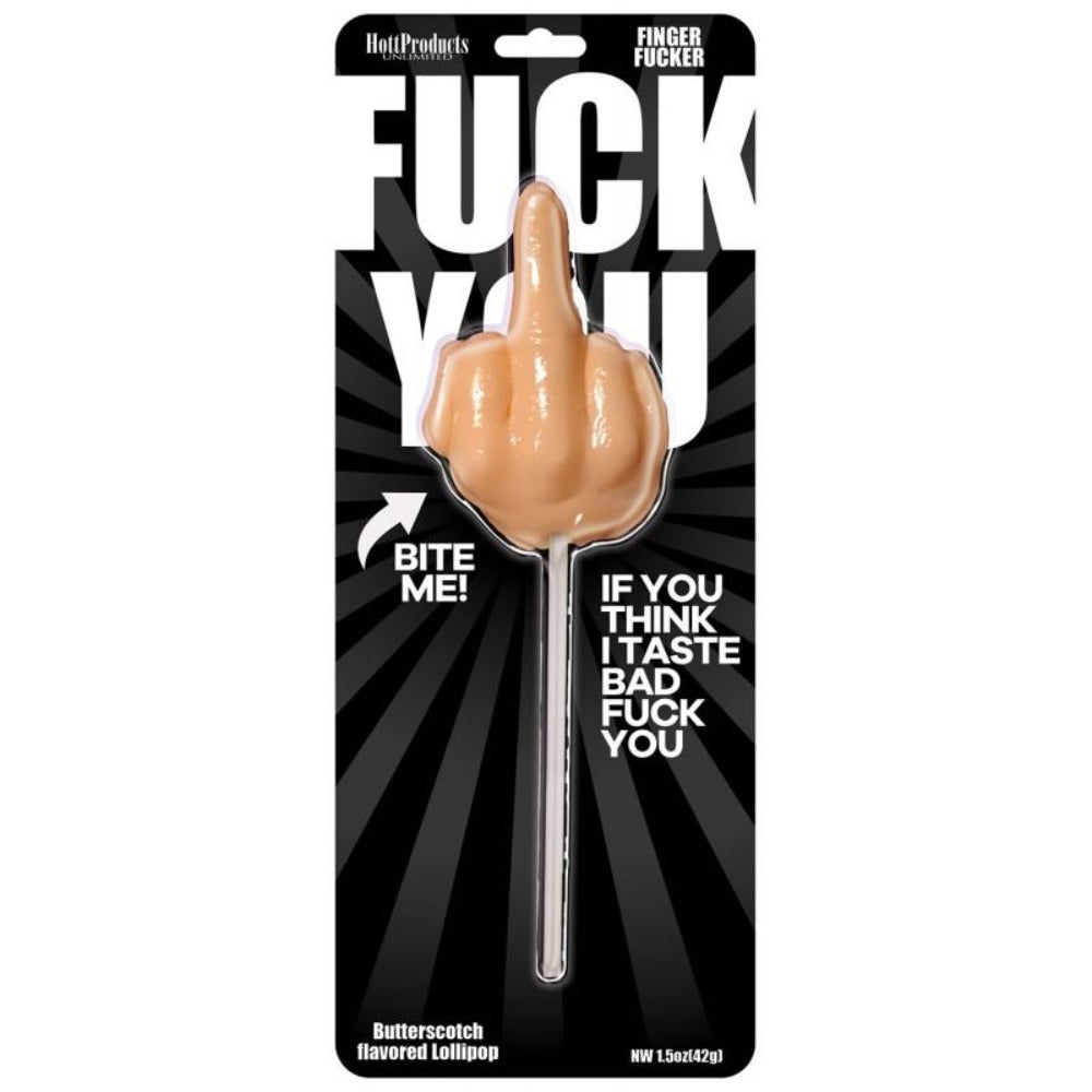 Butterscotch flavored lollipop shaped like a middle finger.