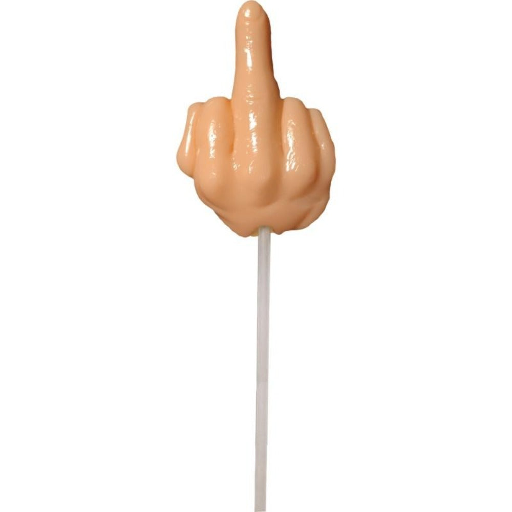 Butterscotch novelty finger lollipop on a white stick.