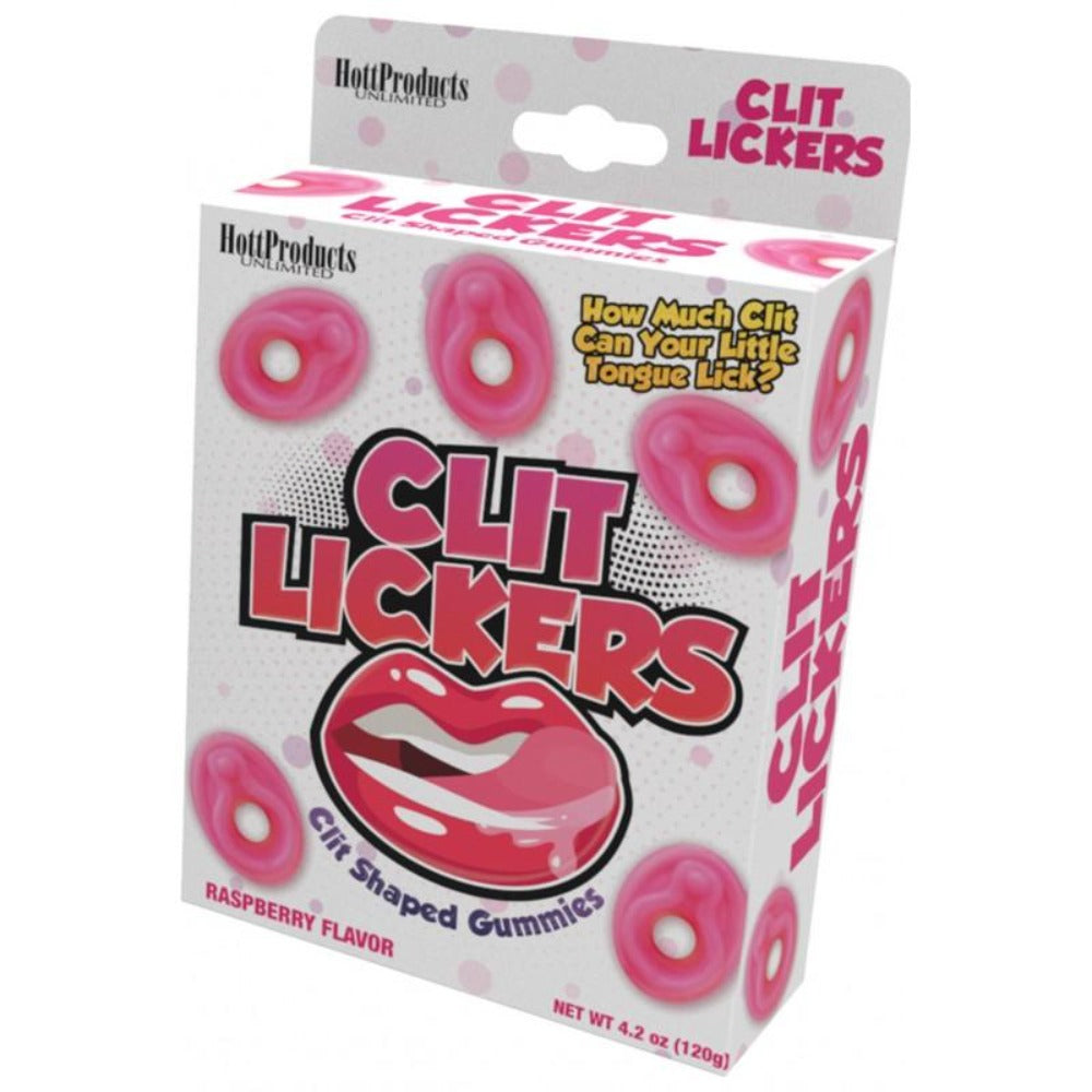 Box of pink clit-shaped strawberry gummies with playful text.
