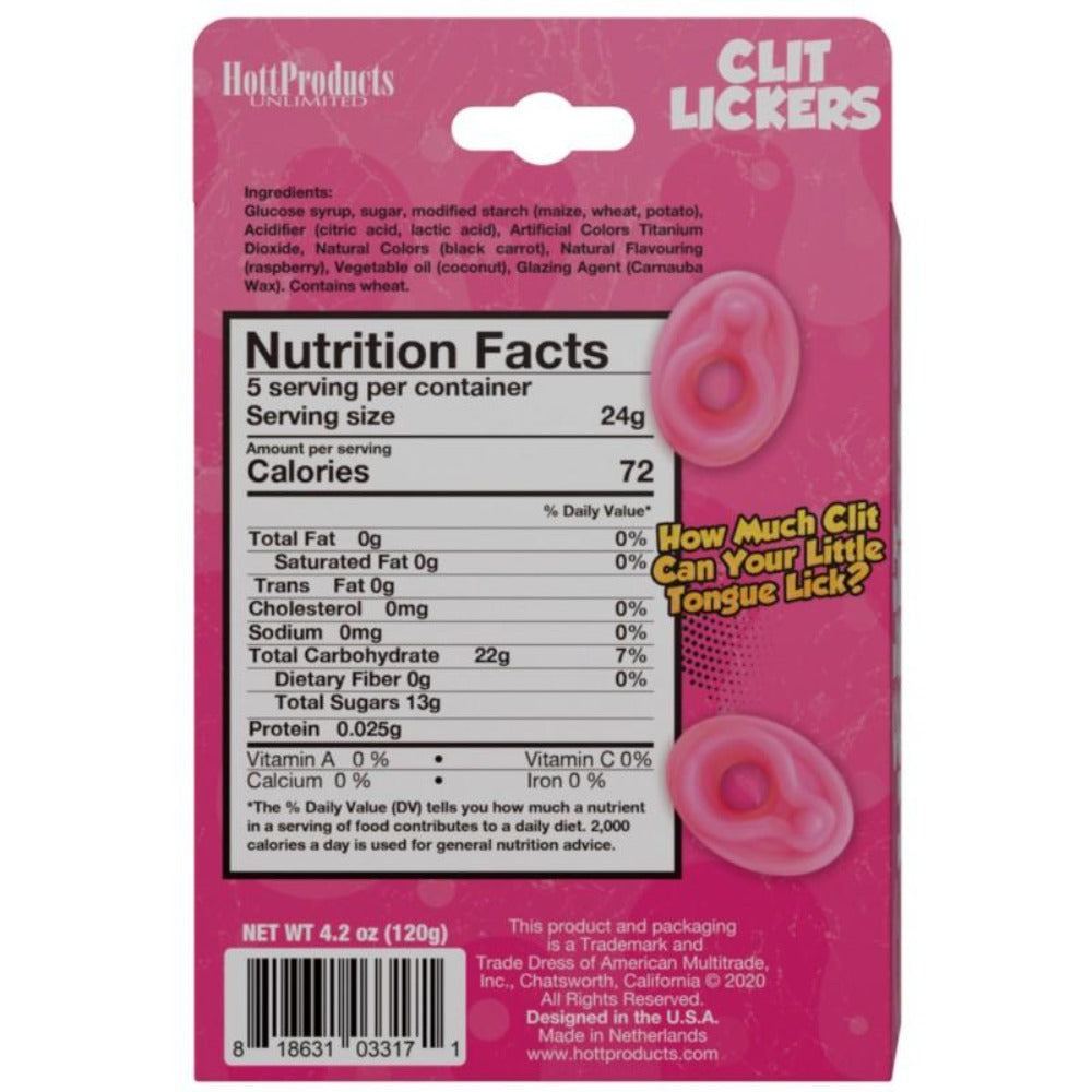Pink strawberry-shaped gummies with nutrition facts and ingredients.