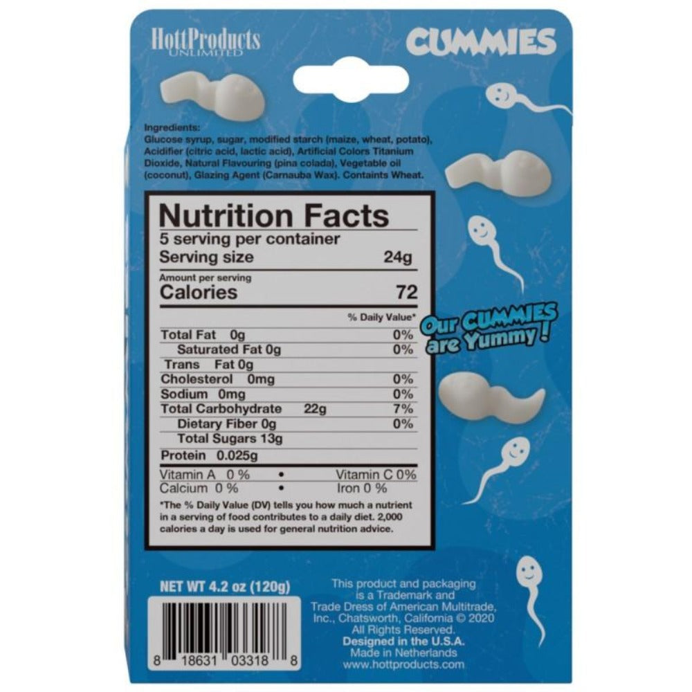 Hott Products Pina Colada flavored sperm shaped gummies.