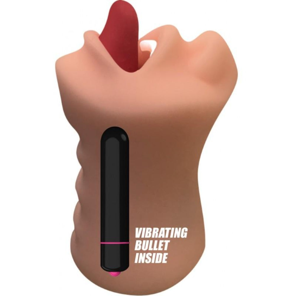 A flesh-toned mouth stroker with a red tongue and a black vibrating bullet inside.