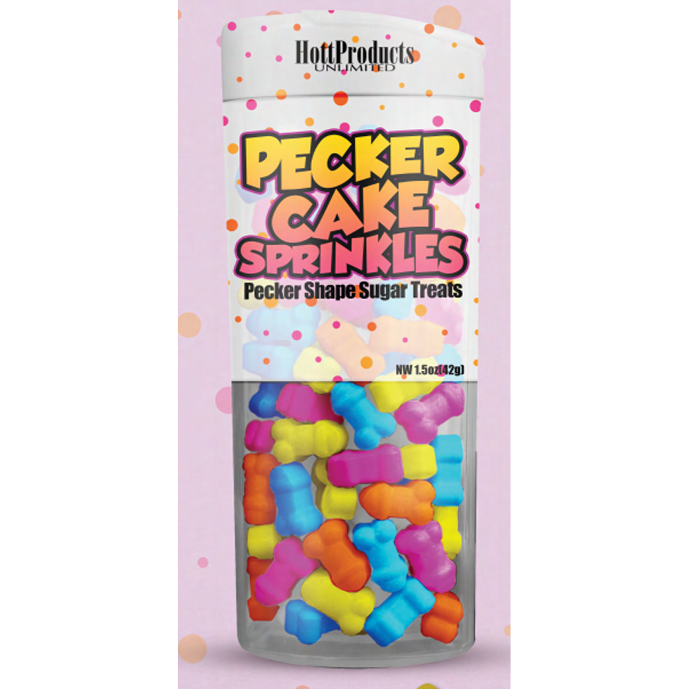 A clear plastic container filled with colorful phallic-shaped sugar sprinkles.