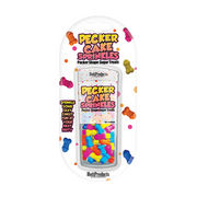 Novelty phallic cake sprinkles in a clear container with colorful sprinkles.