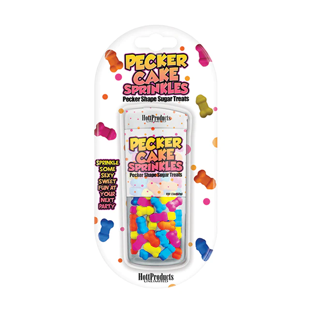 Novelty phallic cake sprinkles in a clear container with colorful sprinkles.