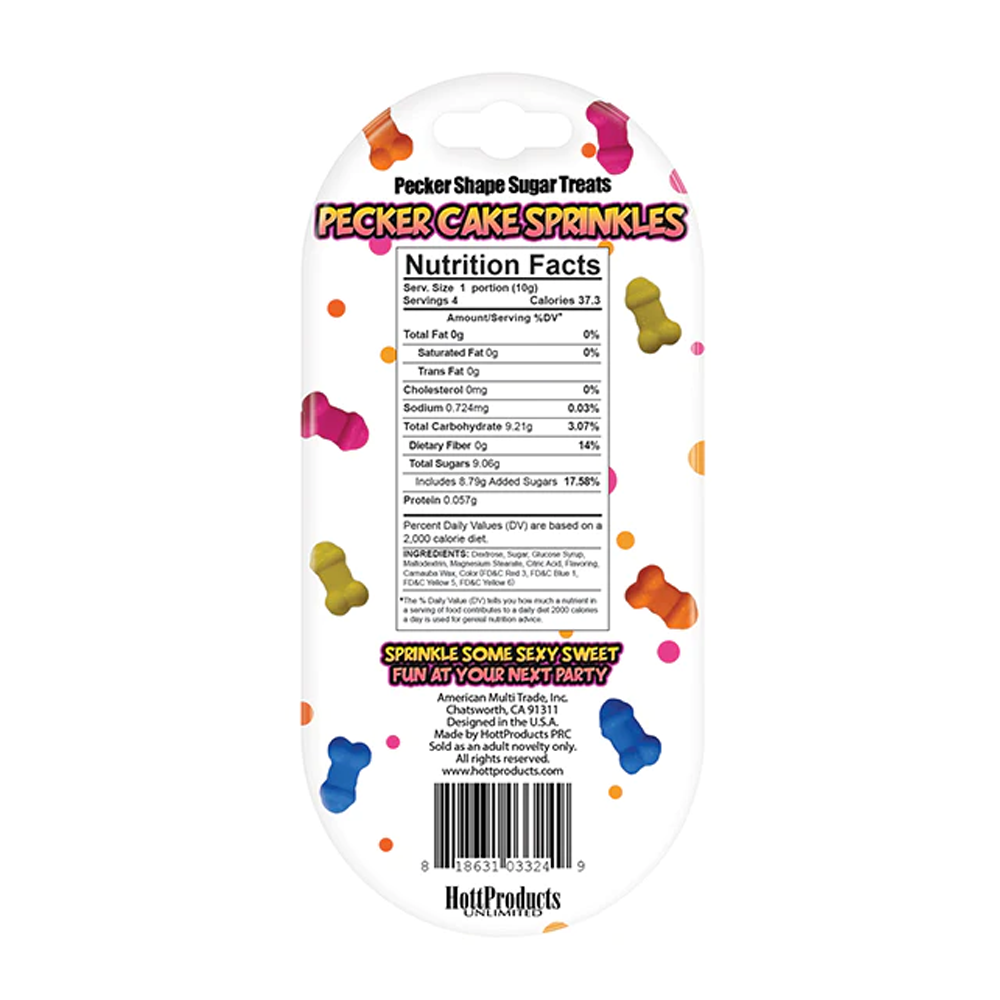 Novelty phallic-shaped cake sprinkles in a package with nutrition facts.
