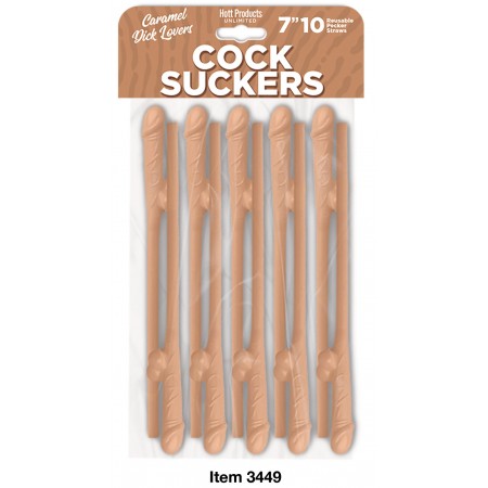 Ten reusable caramel-colored novelty straws shaped like peckers.