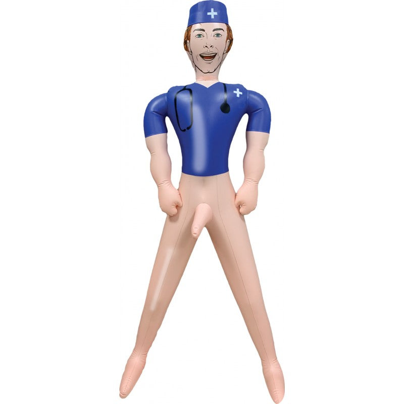 An inflatable male doll dressed as a doctor with a stethoscope and a visible phallus.