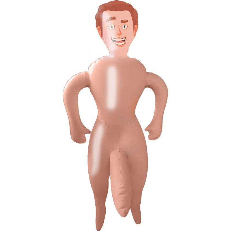 An inflatable novelty doll with a cartoonish face and a tan body.