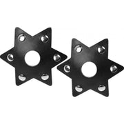 Two black star-shaped nipple pasties with silver studs.