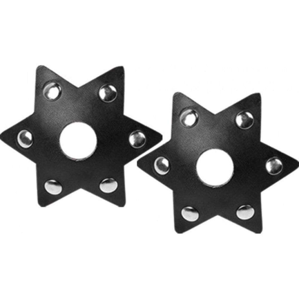 Two black star-shaped nipple pasties with silver studs.
